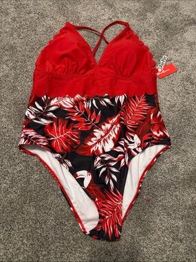 PatPat Red Tropical Leaf One-Piece Swimsuit